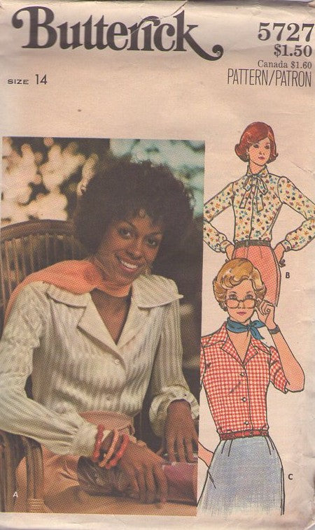 Butterick 5727 Vintage 70's Sewing Pattern Disco Shirt Set, Secretary Wide Collar or Tie Collar Blouse, Shirt Set Size 14
