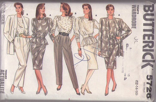 Butterick 5728 Vintage 80's Sewing Pattern Secretary Separates, Today's Wardrobe, Oversized Boxy Blazer Jacket, Top, Peplum Blouse, Slim Skirt, Pleated Slacks Size 12-16