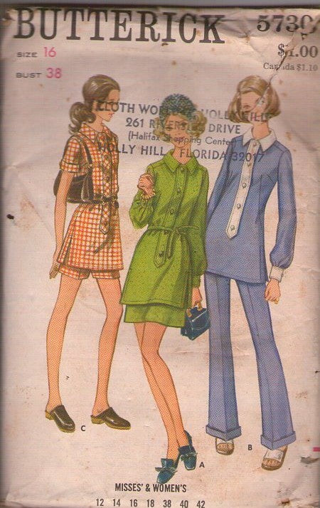 Butterick 5730 Vintage 60's Sewing Pattern Mod Separates, Button Band Tunic Top, Blouse, Shorts, Mini Skirt, Cuffed Trousers Size 16