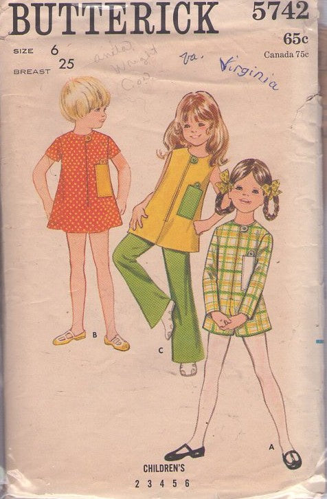 Butterick 5742 Vintage 60's Sewing Pattern Girl's Mod Mini Dress, Tunic Top, Romper, Pants, Size 6