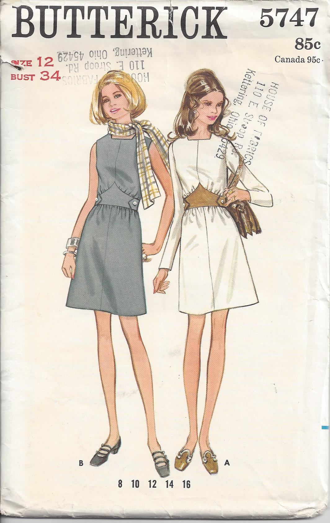 Butterick 5747 Vintage 60's Sewing Pattern Mod Dress, Cinched Waist, Blouson, Button Tab Belt, Look Trim Size 12 CUT