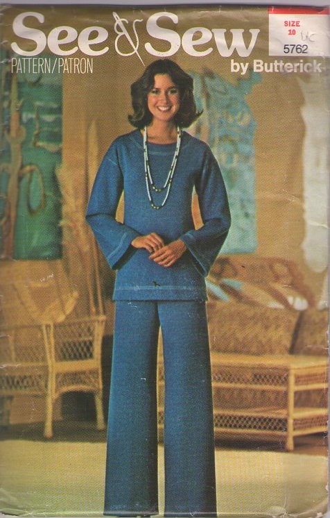 Butterick 5762 Vintage 70's Sewing Pattern Lounge Pantsuit, See & Sew Bell Sleeved Knit Top, Pants Size 10
