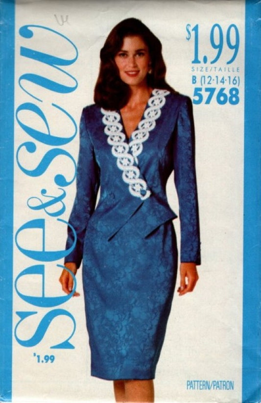 Butterick 5768 Vintage 90's Sewing Pattern See & Sew Easy Power Suit, Applique Trim Jacket Top, Sheath Skirt Size 12-16