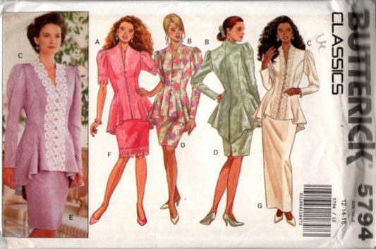 Butterick 5794 Vintage 90's Sewing Pattern Formal Power Suit, Asymmetric Sheila E Jacket Top, Sheath Skirt, Mother of the Bride, Career Size 12-16