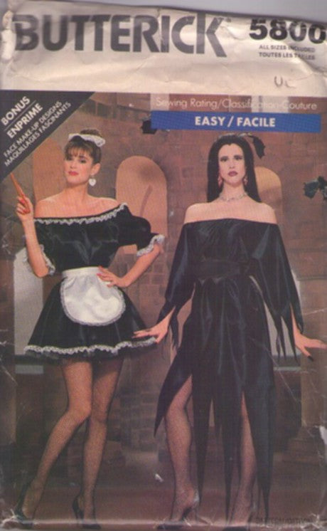 Butterick 5800 Vintage 80's Sewing Pattern French Maid, RHPS Magenta, Morticia Look Witch Dress, Apron Costumes All Sizes P-L