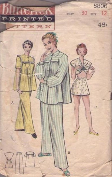 Butterick 5806 Vintage 50's Sewing Pattern Pajamas Set, Summer or Winter, Rockabilly Pinup Up Tied Midriff Top & Shorts, Long Flared Blouse and Trousers Size 12