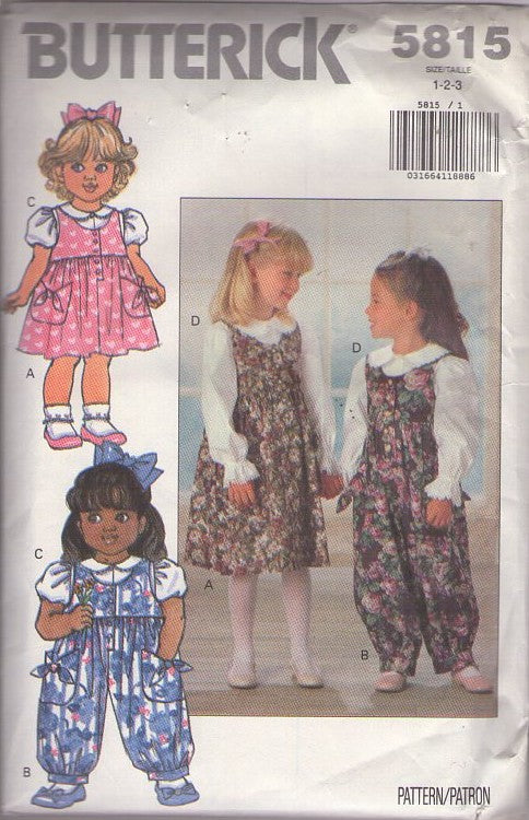 Butterick 5815 Vintage 90's Sewing Pattern Girl's Modest Dress, Jumper, Peter Pan Collar Blouse, Jumpsuit, Cottagecore Size 1-3