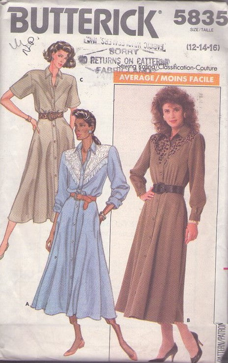 Butterick 5835 Vintage 80's Sewing Pattern Western Dress, Front Buttoned Dolly Parton Look Yoked, Secretary Dresses Size 12-16