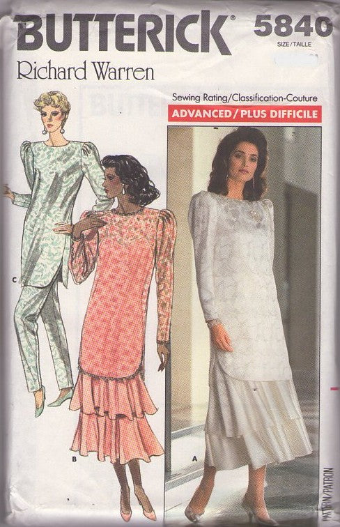 Butterick 5840 Vintage 80's Sewing Pattern Designer 2 Piece Dress, Designer Richard Warren, MOB Sheer Lace Top, Skirt, 2Pc Dress, Pantsuit, Pants Size 8-12