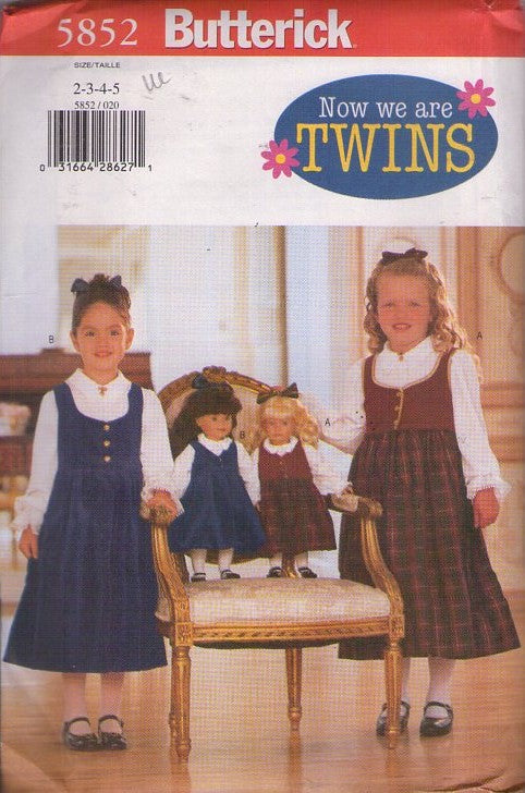 Butterick 5852 Retro 90's Sewing Pattern Girls' Dress, Matching Doll Outfit, Now We Are Twins, Jumper Dress & Blouse Size2-5