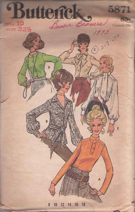 Butterick 5871 Vintage 70's Sewing Pattern Retro Blouses, Secretary VERSATILE Blouse, Top Set 5 Styles Size 10