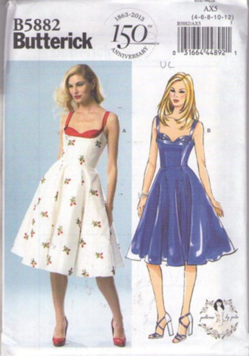Butterick 5882 Retro 2013 Sewing Pattern Rockabilly Dress, 1950s Repro, Shelf Bust Cocktail Party Sun Dress Patterns by Gertie 150th Anniversary Size 4-12