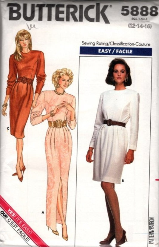 Butterick 5888 Vintage 80's Sewing Pattern Minimalist Easy Dress, Princess Seams, Secretary, Evening Size 12-16