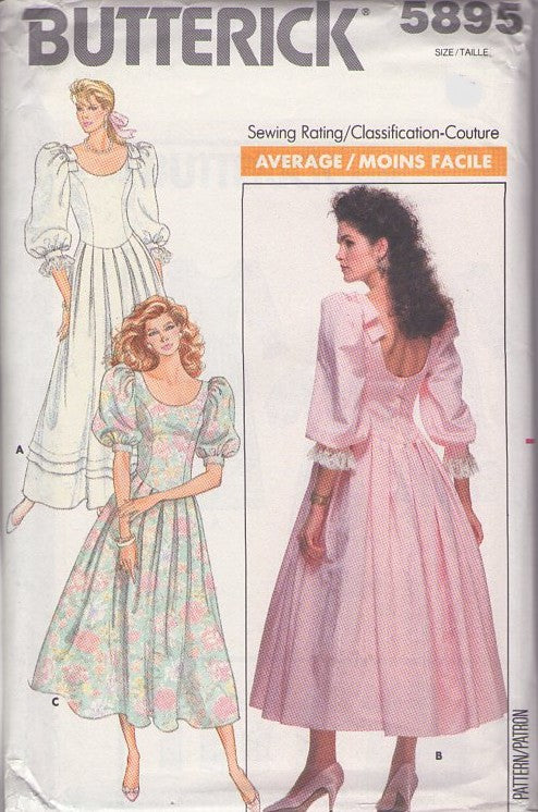 Butterick 5895 Vintage 80's Sewing Pattern Formal Dress, Laura Ashley Style, Scooped Neck Dress, Cottagecore Dipped Back, Basque Waist, Pleated Skirt Garden Party Dress, Wedding or Prom Gown Size 10