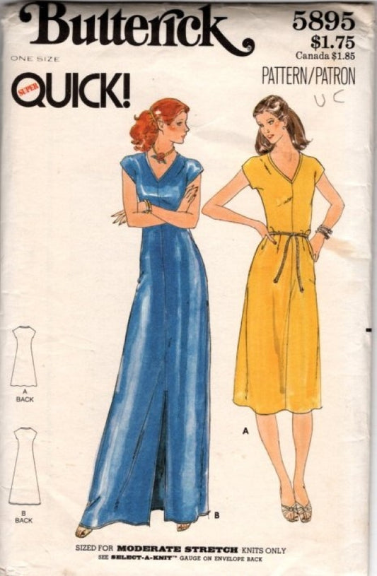 Butterick 5895 Vintage 70's Sewing Pattern Super Quick & Easy Knits Dress, V Neck, Casual Summer or Slit Front Maxi Gown Size S-L