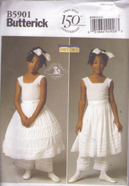 Butterick 5901 Retro 2013 Sewing Pattern Historical Costumes, Girl's Making History Undergarment, Bloomers, Drawers with Ties, Underskirt Slip, Boned Hoop Skirt, French Seams Size 2-5