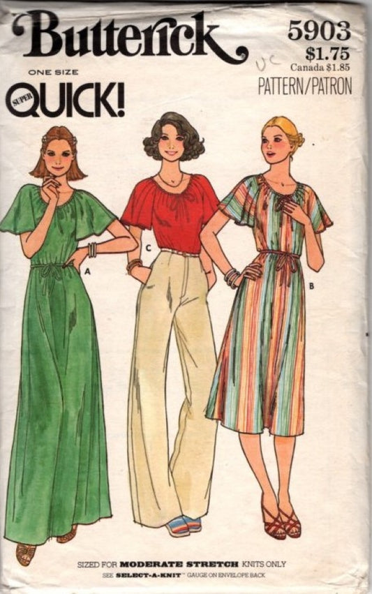 Butterick 5903 Vintage 70's Sewing Pattern Super Quick & Easy Flutter Sleeve Dress, Shirt for Knits, 3 Styles Size S-L