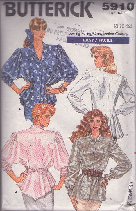Butterick 5910 Vintage 80's Sewing Pattern Party Blouse Set, Batwing, Yoked, Skirted Peplum, 2 Styles Size 8-12