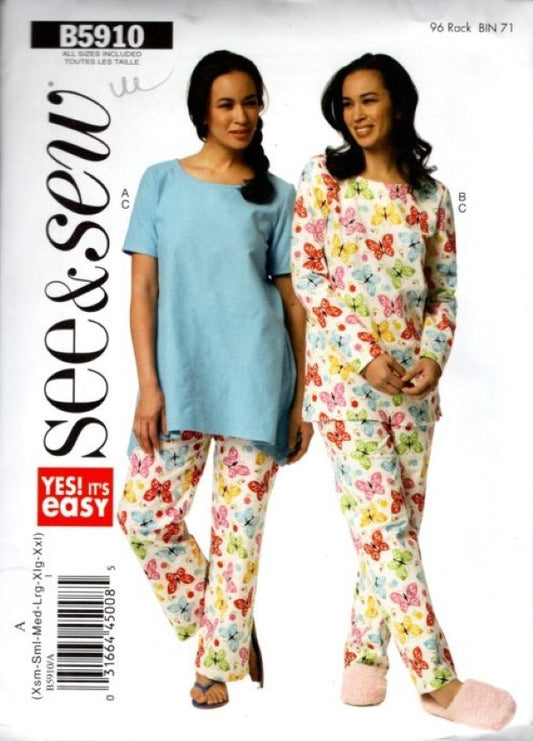 Butterick 5910 Retro 2013 Sewing Pattern See & Sew Yes It's Easy Pajamas, Top, Pants, 2 Styles Size XS-XXL