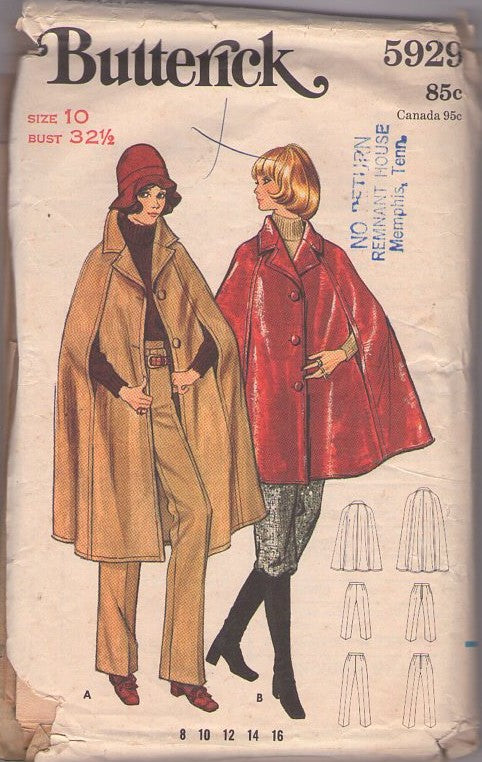 Butterick 5929 Vintage 60's Sewing Pattern Mod Capes, Spy Girl Arm Slits Cape, Cloak, Large Lapel, Vinyl Raincoat & Pants Size 10