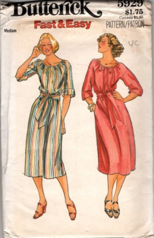 Butterick 5929 Vintage 70's Sewing Pattern Fast & Easy Pullover Dress, 2 Secretary Styles, Casual Summer Size M