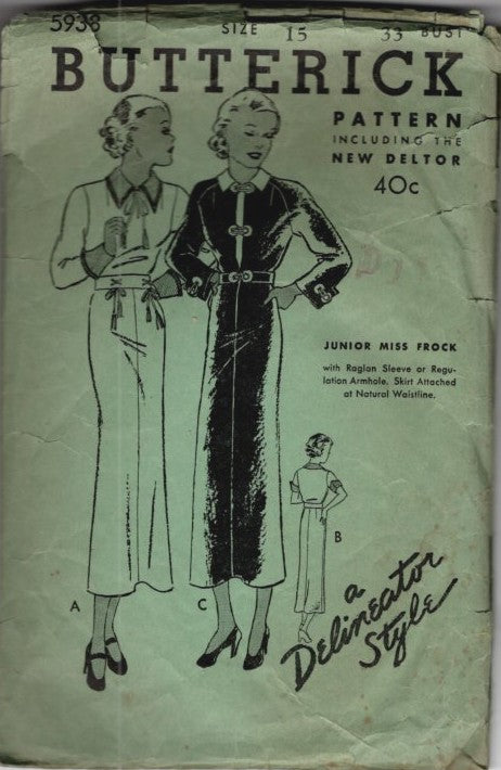 Butterick 5938 Vintage 30's Sewing Pattern Slim Day Dress, Deltor Delineator, Afternoon Frock, 2 Styles, Size 15