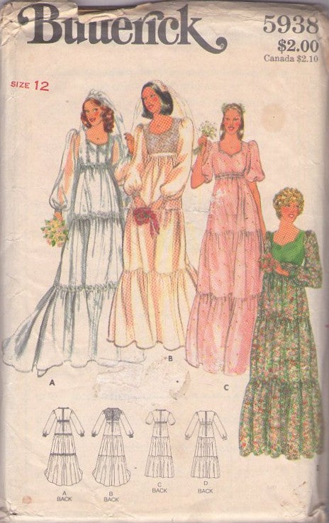 Butterick 5938 Vintage 70's Sewing Pattern Tiered Wedding Gown, Bohemian Gunne Sax Styles, Formal Dress Set Size 12
