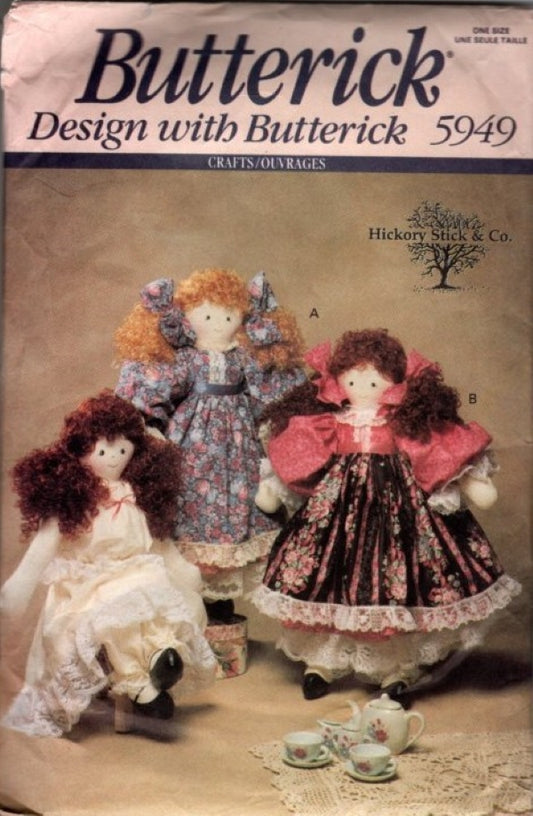 Butterick 5949 Vintage 90's Sewing Pattern Country Folk Rag 22" Dolls, Victorian Garden Party Dress, Hickory Sticks Gail Ann OZ