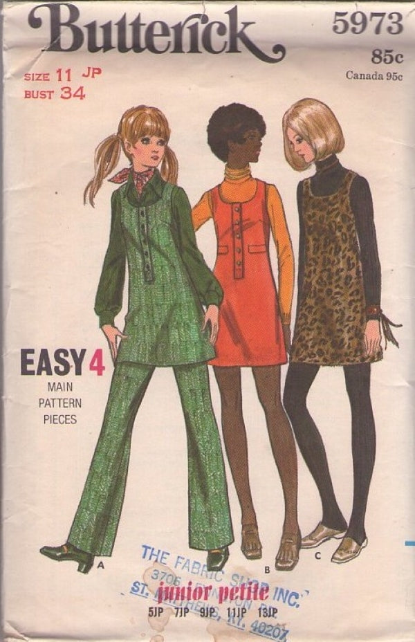 Butterick 5973 Vintage 70's Sewing Pattern Easy Mod Pantsuit, Mini Jumper Dress, Tunic Top, Pants, Size 11JP
