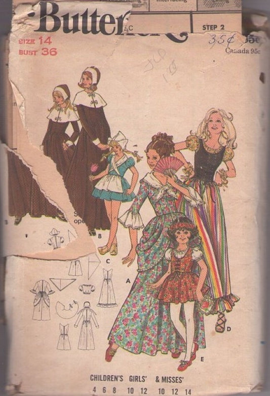 Butterick 5979 Vintage 70's Sewing Pattern Historical Halloween Costume Set, Pilgrim, Dutch Girl, Gypsy, Colonial Styles Size 14