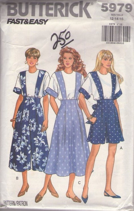 Butterick 5979 Vintage 90's Sewing Pattern Fast & Easy Wide Straps Shorts, Suspender Skirt, Split Skirt Culottes Jumpsuit & Top Size 12-16