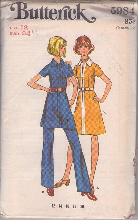 Butterick 5984 Vintage 70's Sewing Pattern Mod Separates, Secretary Front Zipper Closing Tunic Top & Pants or Day Dress Size 12