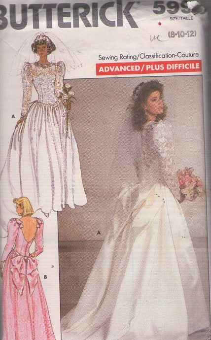 Butterick 5990 Vintage 80's Sewing Pattern Wedding Gowns, Bare or Lace Back Wedding Gown, Classic Royal Bridal, Bridesmaid Dress Size 8-12