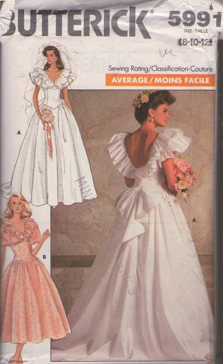 Butterick 5991 Vintage 80's Sewing Pattern Wedding Gowns, Bare Back Basque Wedding Gown, Bridal or Bridesmaid Flounce Trim Dress Size 8-12