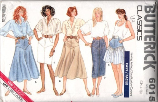 Butterick 6015 Vintage 80's Sewing Pattern Easy Classics Skirt, Yoked Western Styles, Front Zip, Sheath or Flared, Denim & More Size 12-16