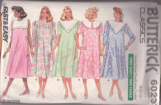 Butterick 6023 Vintage 80's Sewing Pattern Modest Dress Set, Fast & Easy Classics, Farmcore Cottagecore BIG COLLAR Flared Knee Length Mother To Be Dress Size 8-12