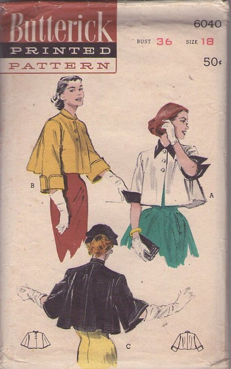 Butterick 6040 Vintage 50's Sewing Pattern Swing Back Jacket, Cropped Evening Coat 3 Styles Size 18