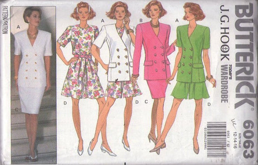 Butterick 6063 Vintage 90's Sewing Pattern Designer Suit Separates, JG Hook, Today's Wardrobe, Dynasty Power Suit, Sheath Skirt, Flared Culottes Shorts, Fitted Over the Hips Blazer Jacket Size 12-16