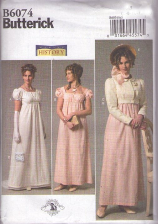 Butterick 6074 Retro 2014 Sewing Pattern Historical Dress Set, Making History Regency Titanic Empire Waist Puff Sleeve Dinner Dress, Cropped Bolero Jacket, Hand Bag Purse Size 6-14