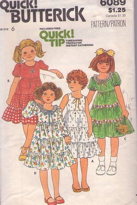 Butterick 6089 Vintage 80's Sewing Pattern Girls' Tiered Dress, Boho Cottagecore, Summer Calico or Flora Flared School Dress Set, 4 Styles Size 6
