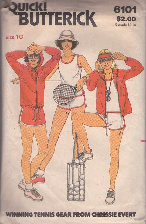 Butterick 6101 Vintage 80's Sewing Pattern Sports Separates, Chrissie Evert Tennis Gear, Old School Band Trim Gym Shorts, Drawstring Hoodie Jacket, Tank Tops Size 10