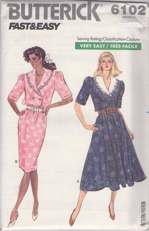 Butterick 6102 Vintage 80's Sewing Pattern Day Dress, Fast & Very Easy Secretary Garden Party Double Breasted Sheath or Full Skirt Dress Size 8-12