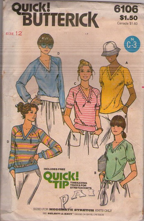 Butterick 6106 Vintage 70's Sewing Pattern Pullover Blouse, Top Set, Deep V Neck, Raglan Sleeves, Hip Band, Drawstring, 4 Styles Size 12