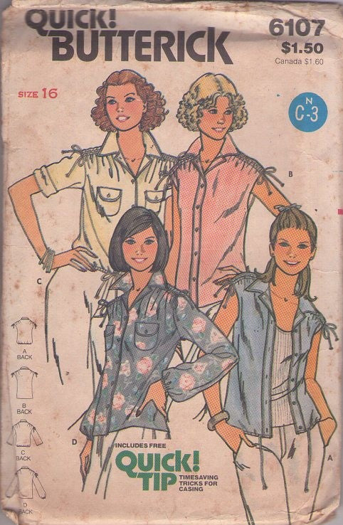 Butterick 6107 Vintage 80's Sewing Pattern Blouse, Shirt Set, Ruched Drawstring Shoulders, Button Front, 4 Styles Size 16
