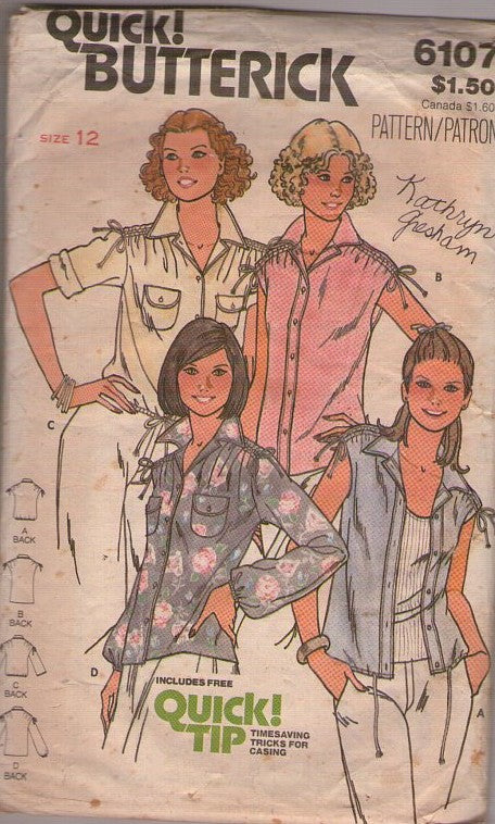 Butterick 6107 Vintage 70's Sewing Pattern Blouse, Shirt Set, Ruched Drawstring Shoulders, Button Front, 4 Styles Size 12