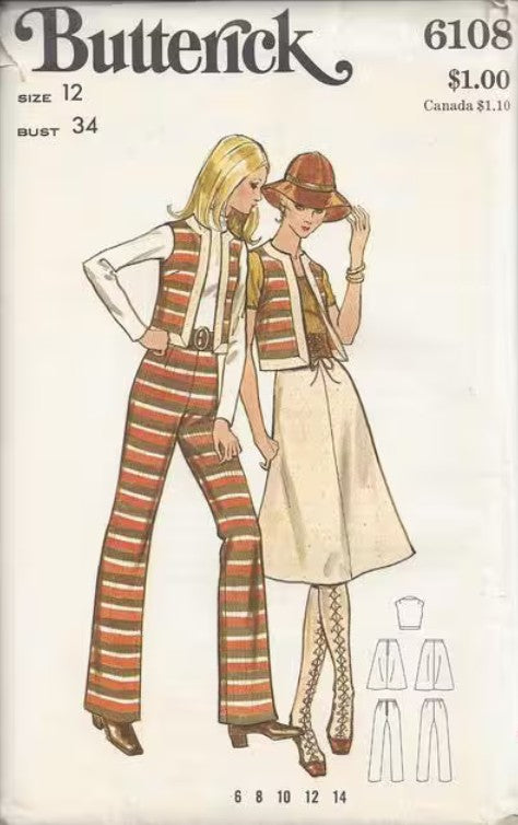 Butterick 6108 Vintage 70's Sewing Pattern That Girl Separates, Sleeveless Vest Jacket, Flared A-Line Skirt, STRIPED PANTS Size 12