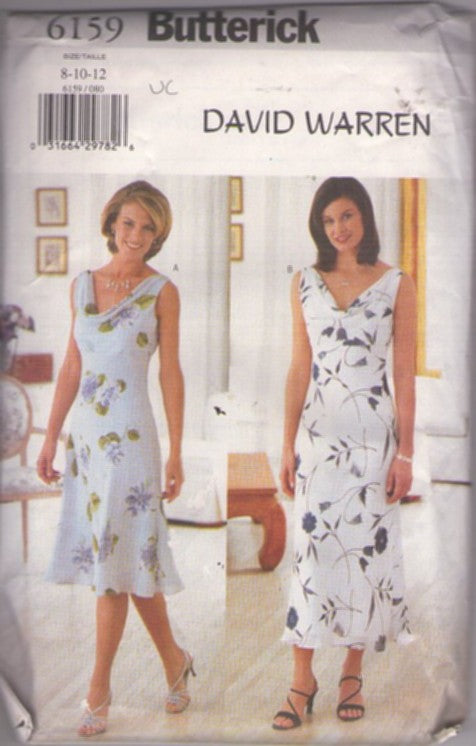 Butterick 6159 Retro 90's Sewing Pattern Designer David Warren Dress, Dipped Cowl Neckline, 2 Styles Size 8-12