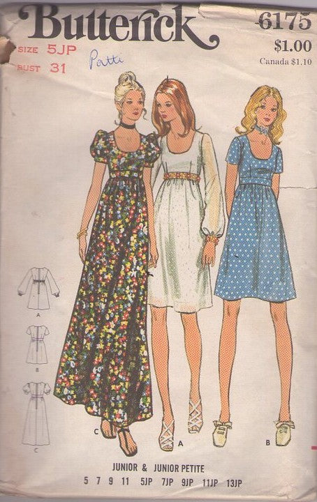 Butterick 6175 Vintage 70's Sewing Pattern Boho Dress Set, Gunne Sax Prairie Look, Scoop Neck, High Waist, Sleeve & Length Options Size 5JP