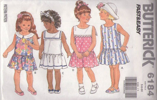 Butterick 6184 Vintage 90's Sewing Pattern Girl's Easy Summer Dress, Drop Waist, Nautical Looks Size 5-6x