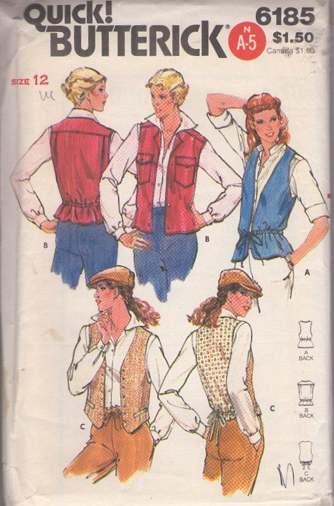 Butterick 6185 Vintage 80's Sewing Pattern Set of Vests, Drawstring Waist, Pockets, Suit or Casual Styles Size 12